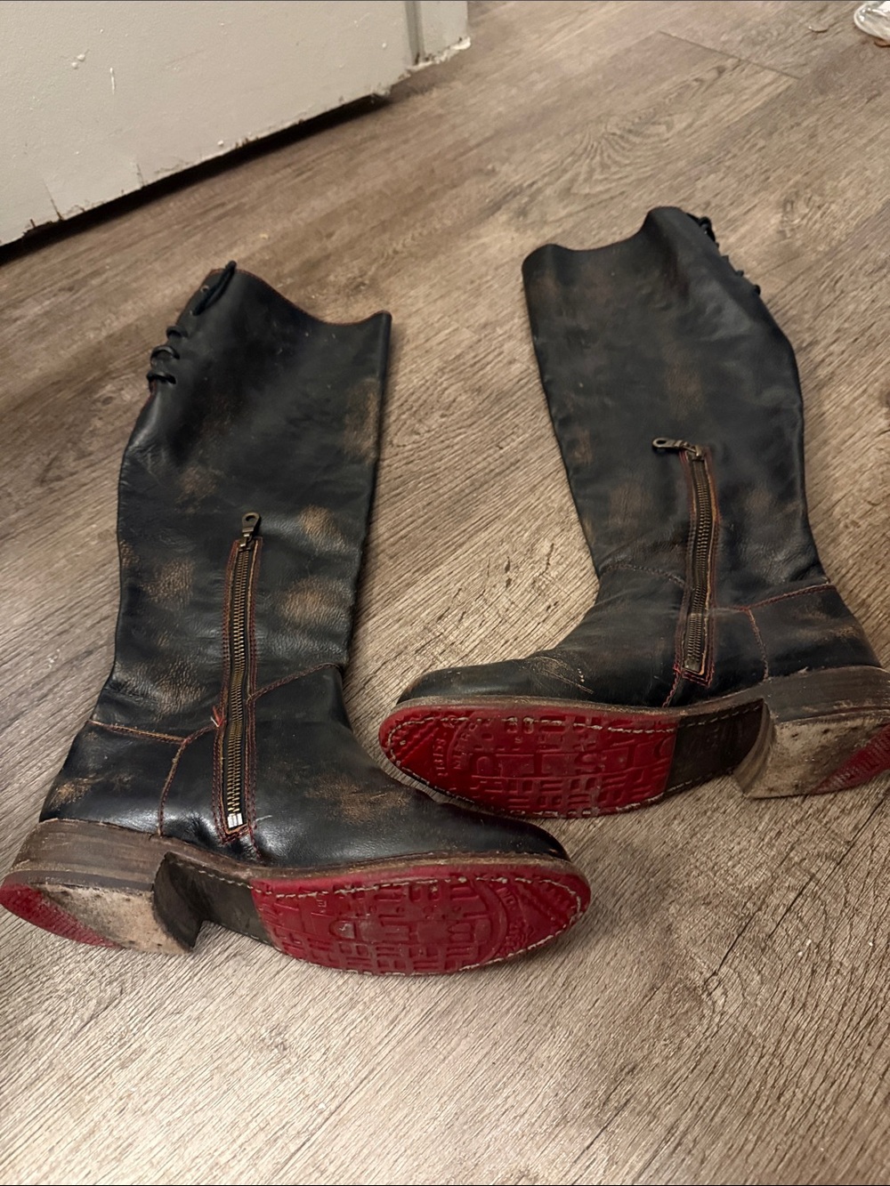 Bed Stu Black Leather Over-the-Knee Boots with Red Soles